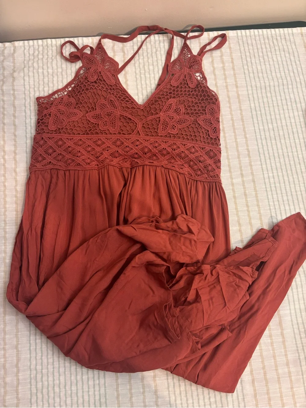 Maurices Rust Orange Crochet Lace Asymmetrical Maxi Dress